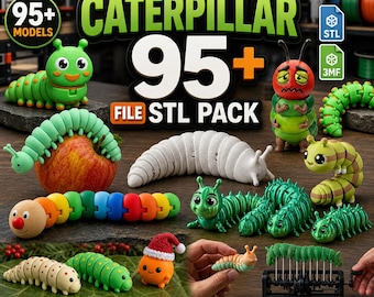 Pakiet STL gąsienicy 95+ modeli | Zestaw do druku 3D Flexi Caterpillar | Przegubowy owad STL | Pliki STL uroczej zabawki owada do użytku komercyjnego