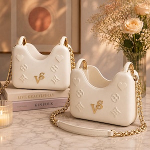 Peut inclure: Deux sacs à main blanc cassé avec des chaînes et des poignées dorées. Chaque sac présente des formes de cœur, de fleur et de losange en relief, ainsi que des lettres "VS" dorées. Les sacs sont sur une surface en marbre, avec des livres et une bougie à proximité.