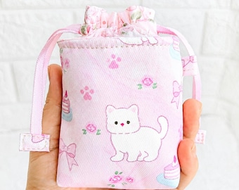 Mini Drawstring Pouch Bag, Cute Fabric Coin Purse, Small Organizer Pouch for Earbuds, Jewelry, Charger Cable