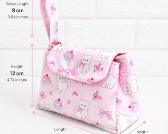 Kawaii Mini Handbag, Cute Fabric Purse, Handmade Small Zipper Pouch, 3 Compartments Wristlet Purse, Gift for Her