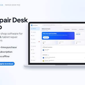 May include: A laptop screen displaying the Repair Desk Pro software interface, featuring a dashboard with customer and repair tracking tools. Text on the left highlights features like one-time purchase, no subscription, and works offline.