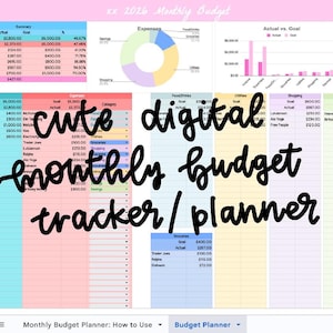 May include: A 2026 monthly budget planner spreadsheet featuring a summary table, a pie chart for expenses, and a bar graph comparing actual versus goal spending. The interface includes columns for income, expenses, food, groceries, utilities, shopping, and savings.