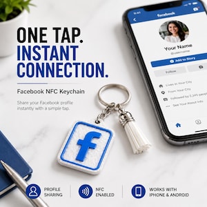May include: A white and blue Facebook NFC keychain with a white tassel, featuring the text ONE TAP. INSTANT CONNECTION. Facebook NFC Keychain. Share your Facebook profile instantly with a simple tap. Profile sharing, NFC enabled, works with iPhone & Android.