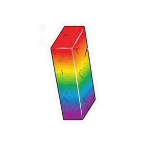 Könnte beinhalten: Ein Aufkleber in Form des Großbuchstabens I mit einem lebendigen Regenbogenverlauf, der von Rot oben bis Violett unten reicht. Das Design weist eine abgenutzte, verwitterte Textur mit dunklen, rissartigen Markierungen auf der Oberfläche auf.