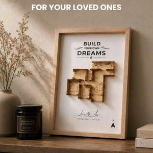 May include: A framed wall art piece featuring a 3D wooden floor plan model on a white background. The text reads "FOR YOUR LOVED ONES", "BUILD YOUR OWN DREAMS", "Liam & Ara", "Purchase date: 23 Feb 2026", and a north arrow symbol is included.