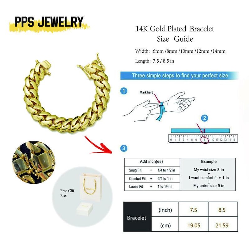 May include: A gold-plated bracelet with a curb chain design. The image includes a size guide with measurements in inches and centimeters, and a diagram showing how to measure wrist size. The bracelet length is 7.5 and 8.5 inches.