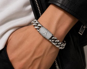 Men's Silver Cuban Link Bracelet | CZ Diamond Clasp, Stainless Steel Curb Chain