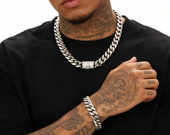 14mm Silver Cuban Link Chain, Custom Initial Clasp, Heavy Miami Necklace, Hip Hop Jewelry