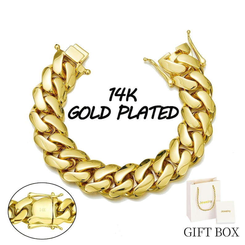 May include: A gold-plated chain link bracelet with a secure clasp. The bracelet is thick and shiny, with the text "14K GOLD PLATED" in the center. A small gift box is included.