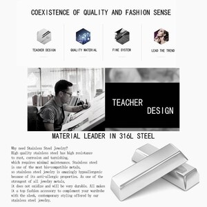 May include: Image promoting stainless steel jewelry, featuring text like "Teacher Design" and "Material Leader in 316L Steel." The image includes a designer at work, along with silver metal bars, and icons representing quality and fashion.