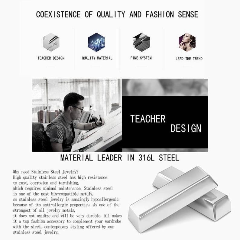 May include: Image promoting stainless steel jewelry, featuring text like "Teacher Design" and "Material Leader in 316L Steel." The image includes a designer at work, along with silver metal bars, and icons representing quality and fashion.