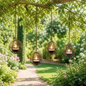 Hangende globe-lantaarns op zonne-energie set van 4, waterdichte hanglampen voor buiten, metalen tuinverlichting, terras en tuindecoratie