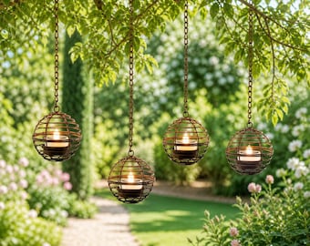 Hangende globe-lantaarns op zonne-energie set van 4, waterdichte hanglampen voor buiten, metalen tuinverlichting, terras en tuindecoratie