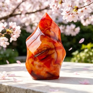 Könnte beinhalten: Ein polierter Karneol-Stein in Flammenform mit lebhaften Bändern in tiefem Rot, gebranntem Orange und durchscheinendem Weiß. Die Oberfläche ist glatt und reflektierend und zeigt natürliche Mineralschichten sowie komplexe Farbverläufe.