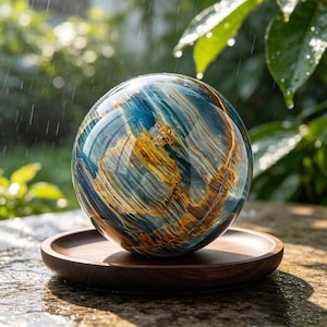 May include: A polished, spherical blue tiger's eye gemstone featuring swirling bands of deep navy, light blue, and golden-brown chatoyant fibres. The smooth, reflective orb rests securely on a circular, dark brown wooden display stand.