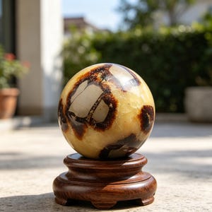 May include: A polished spherical stone featuring a cream and tan base color with prominent dark brown, irregular patches and veining throughout the surface. The sphere rests securely on a circular, dark brown wooden display stand with a carved base.
