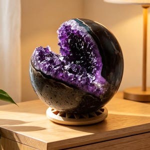 Puede incluir: Una geoda de amatista esférica que presenta un interior cristalino de color púrpura intenso y una superficie exterior oscura y pulida. La geoda se exhibe sobre un soporte circular de madera clara con un borde dentado, mostrando su estructura mineral.