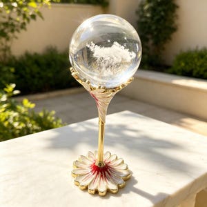 May include: A clear glass sphere containing a white, cloud-like inclusion, mounted on a gold-toned metal stand shaped like a flower. The base and the support feature white petals with red accents at the centre, creating a floral display stand.