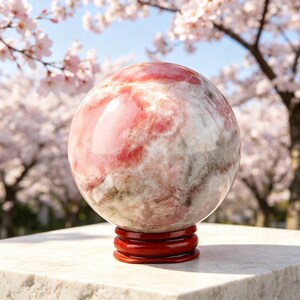 May include: A polished spherical rhodochrosite gemstone featuring swirling patterns of vibrant pink, white, and grey mineral inclusions. The smooth, rounded stone is displayed resting on a circular, dark reddish-brown wooden stand.