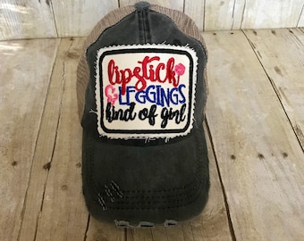 Lip Boss Hat | Black Distressed Trucker Hat| LipSense Business Hat | Makeup Junkie Hat|  Lipstick and Leggings Kind of Girl | Makeup lover