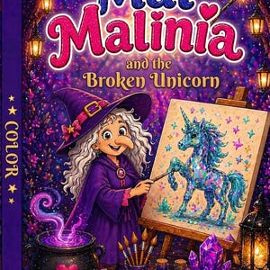 May include: A vibrant book cover featuring the title "Mal Malinia and the Broken Unicorn". The image shows a witch in a purple cloak and hat painting a unicorn. A cauldron, paintbrushes, and crystals are also depicted in the illustration.