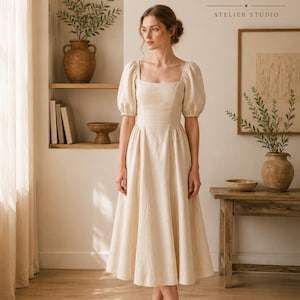 a line midi dress uk Floral midi dress with an A-line shape - Beige - Sz. 40-64