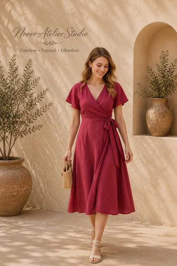 burgundy midi wrap dress Linen Dress, V-neck Flutter Sleeve, Handmade Summer Wedding Guest Boho Millie Bobby Brown transforms $120-$150 SIZE:XL-XXL Wrap bodice allows room