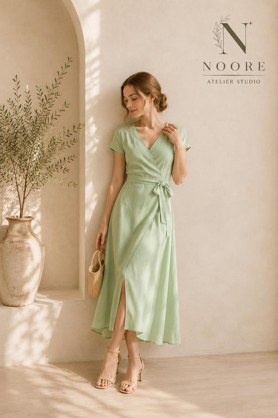 Mint Green Linen Wrap Midi Dress, Short Sleeve V-neck, Elegant Summer Occasion Wear