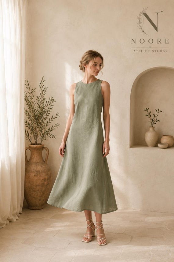 Sage Green Linen Midi Dress, Sleeveless A-Line, Minimalist Summer Elegance