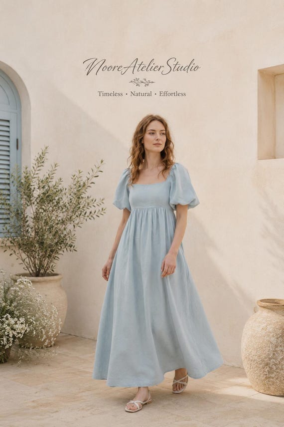 light blue loose dress Sky Linen Maxi Dress, Puff Sleeve Cottagecore, Square Neck, Summer Boho Style Ice Blue Cocktail Dresses