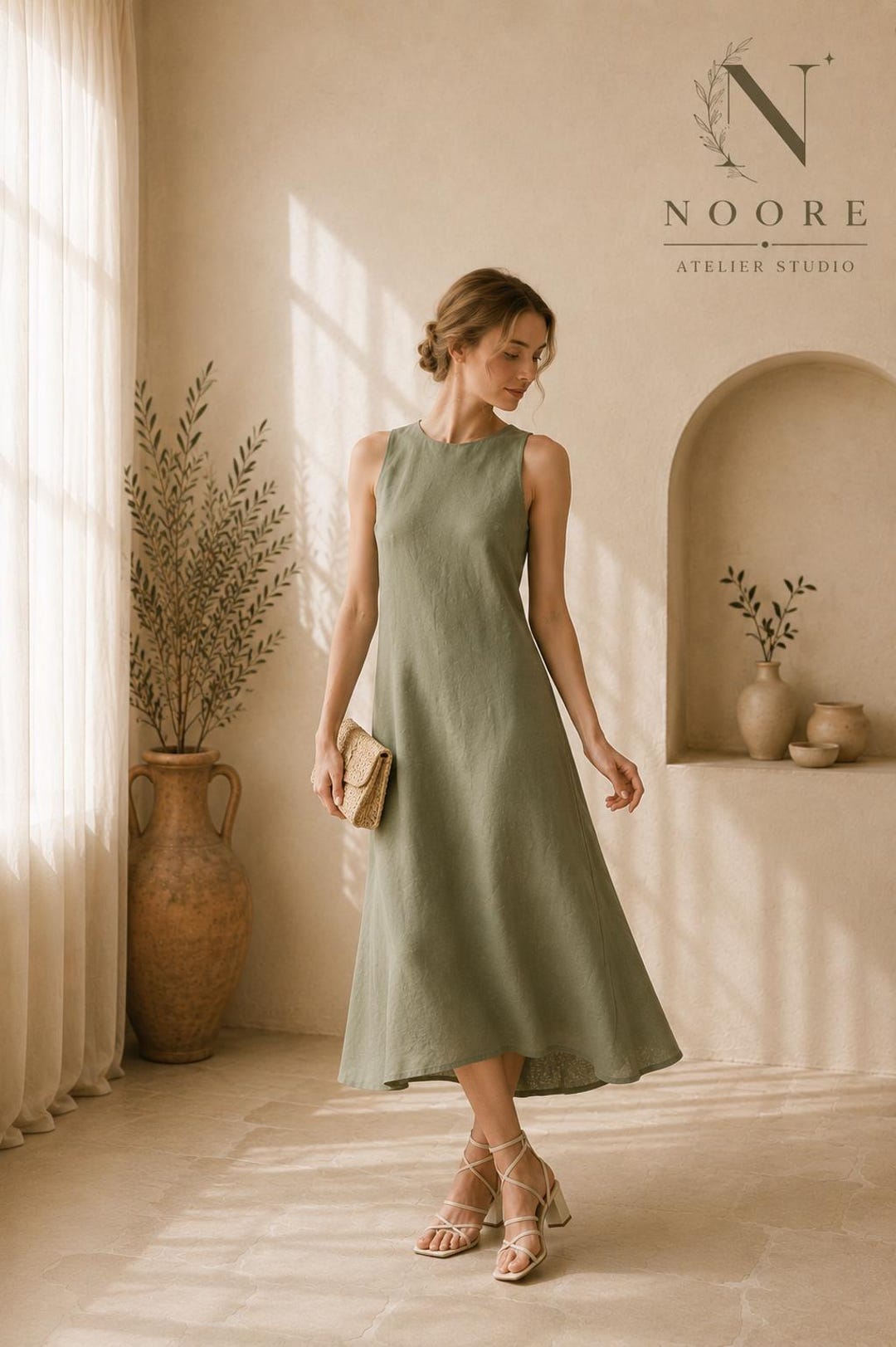 sage green dress linen Middle Ground Linen Maxi Dress
