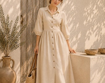 Beige Linen Midi Dress, Cottagecore Button-Down, Puff Sleeve Summer Dress