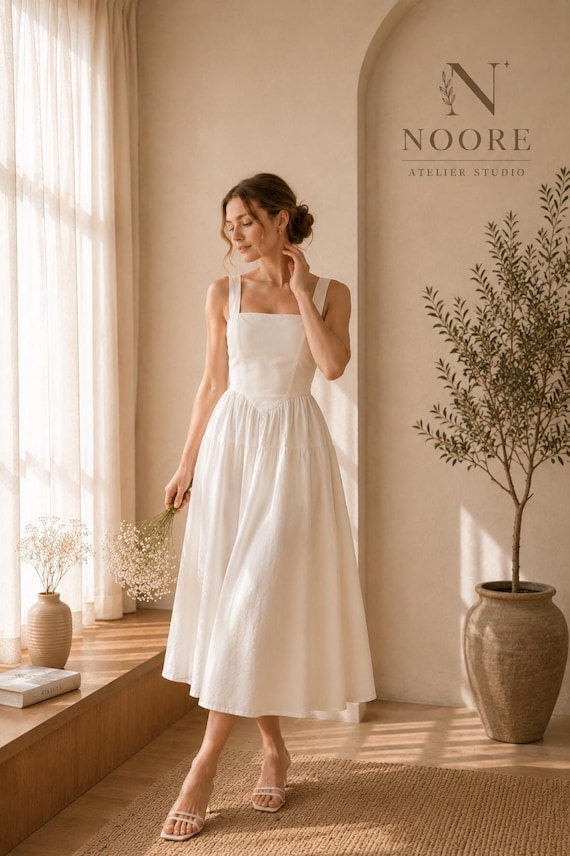 square neckline dress white Jacquard Midi Dress, Elegant Neck Dress, Long Sleeve, Textured Cotton Dress, Classic White Dress, Timeless Elegance this dress is perfect for work or after hours White Linen Midi Dress, Square