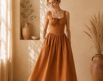 Rust Linen Midi Dress, Square Neck, Sleeveless, Cottagecore Boho Summer Style