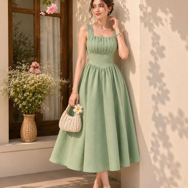 Sage Green Linen Midi Dress, Square Neck, Sleeveless, Cottagecore Style, Handmade Women's Summer Dress