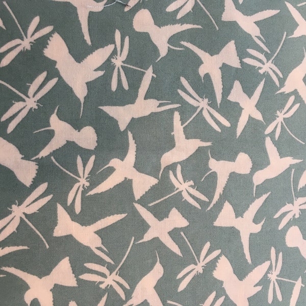 Sage Green and Cream Arcadia by Sanae for Moda Fabric OOP Fat Quarter Pattern # 32095 Humming Birds and Dragonfly