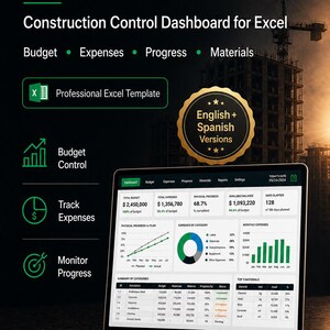 Pode incluir: Um laptop exibe um painel de controle de construção com gráficos de dados. O título é "BuildControl PRO" com "Painel de controle de construção para Excel" abaixo. Mostra o orçamento e o rastreamento de despesas.