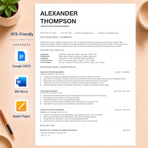 Puede incluir: Una plantilla de currículum profesional para un ingeniero de software senior llamado Alexander Thompson, con secciones de resumen profesional, habilidades técnicas, experiencia y educación, e iconos de Google Docs, MS Word y Apple Pages.