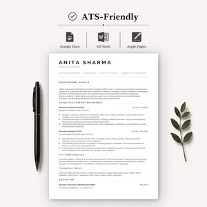 Peut inclure: Un modèle de CV professionnel pour un assistant de direction nommé Anita Sharma, comprenant des sections pour le profil professionnel, l'expérience, les compétences et l'éducation. Compatible avec Google Docs, MS Word et Apple Pages.