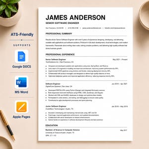 May include: A resume template for a Senior Software Engineer named James Anderson. The document includes a professional summary, work experience, and education details. It is ATS-friendly and supports Google Docs, MS Word, and Apple Pages.