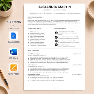 May include: A professional CV template for a Senior Software Engineer named Alexander Martin, featuring sections for professional summary, core competencies, key achievements, and work experience, with icons for Google Docs, MS Word, and Apple Pages.