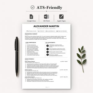 May include: A white CV template for a senior software engineer named Alexander Martin, featuring black text, bulleted sections for core competencies and work experience, compatible with Google Docs, MS Word, and Apple Pages, with a black pen.