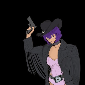May include: A digital illustration of a character with purple hair wearing a black cowboy hat, a black jacket with fringe and swirl patterns, and a light pink bodysuit. The character holds a grey handgun and wears a belt buckle featuring the number 9.