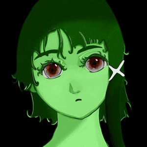 Può includere: Un'illustrazione digitale di una persona con pelle verde chiaro e capelli corti verde scuro. La figura ha grandi occhi marroni espressivi con iridi dettagliate e un piccolo accessorio per capelli a forma di croce bianca sul lato sinistro.