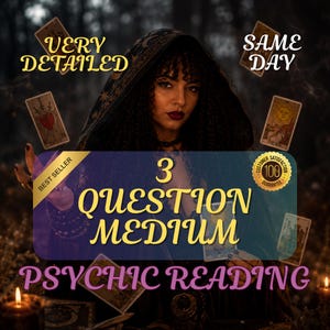 May include: A woman in a hooded cloak is surrounded by tarot cards in this image. The text on the image reads "3 QUESTION MEDIUM PSYCHIC READING", "VERY DETAILED" and "SAME DAY". A "BEST SELLER" and "100% GUARANTEE" badge are also visible.