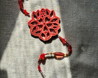 Red Hibiscus Sun Catcher, North Carolina Pottery by Dawn Tagawa, Crystal Prism Rainbow Maker
