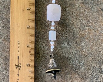 Rose Quartz Rearview Mirror Car Charm Blessing Bell | Rear View Mirror Charm | Heart Chakra Love Healing Energy Crystal Gemstone