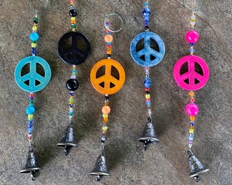 Hippie Peace Sign Rear View Mirror Car Charm Blessing Bell for Positive Energy | Handmade One of a Kind Rear View Mirror Accessory Charm