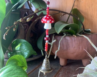 Mushroom Rear View Mirror Car Charm Blessing Bell | Boho Car Dorm Room Decor Blessing Bell | Boho Gift for Her | Hippie Van RV Accessory