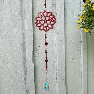 Red Hibiscus Pottery Sun Catcher with Hand Beading & Crystal Drop Prism Made in NC featuring North Carolina Pottery by Dawn Tagawa